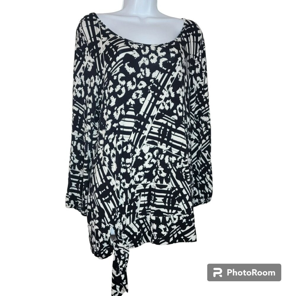 Cable & Gauge Tunic Top, Women XL, Black & White Geometric, LS, Side Tie, EUC